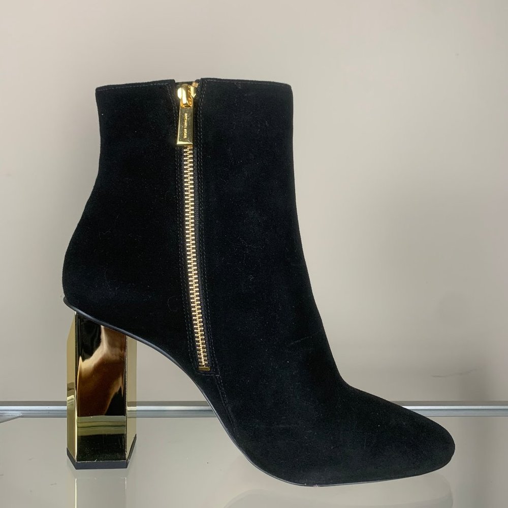 Michael Kors Black Microfiber Ankle Boots with Chunky Gold Heel NWOT - Picture 2 of 12